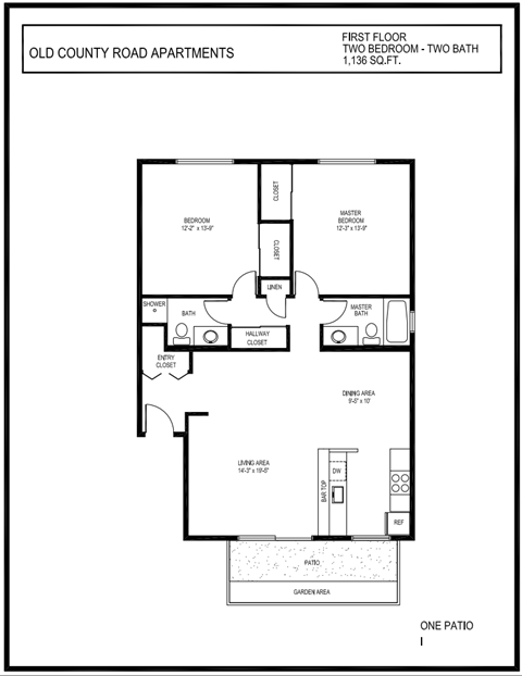 Floor plan for 2 beds, 2 baths, 1136 sqft